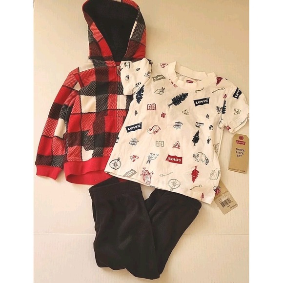 Levi's 3 Piece Set 24M  T-Shirt Fleece Pants Hooded Zipper Sweatshirt NWT Plaid - Picture 1 of 9
